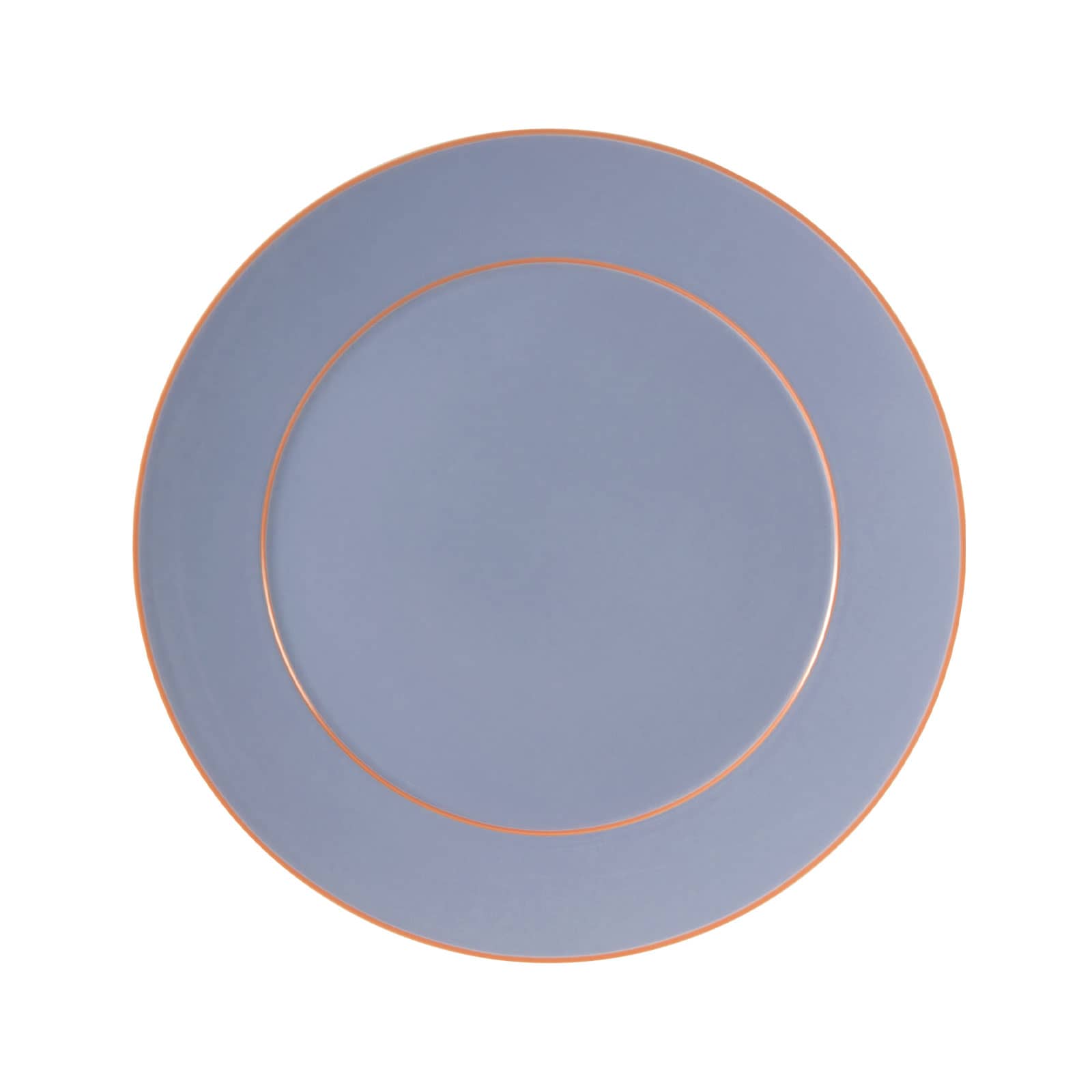 Der Urban Colors Speiseteller in blau hat eine schöne vergissmeinnichtblaue Farbe und kontrastierende korallrote Zierränder.