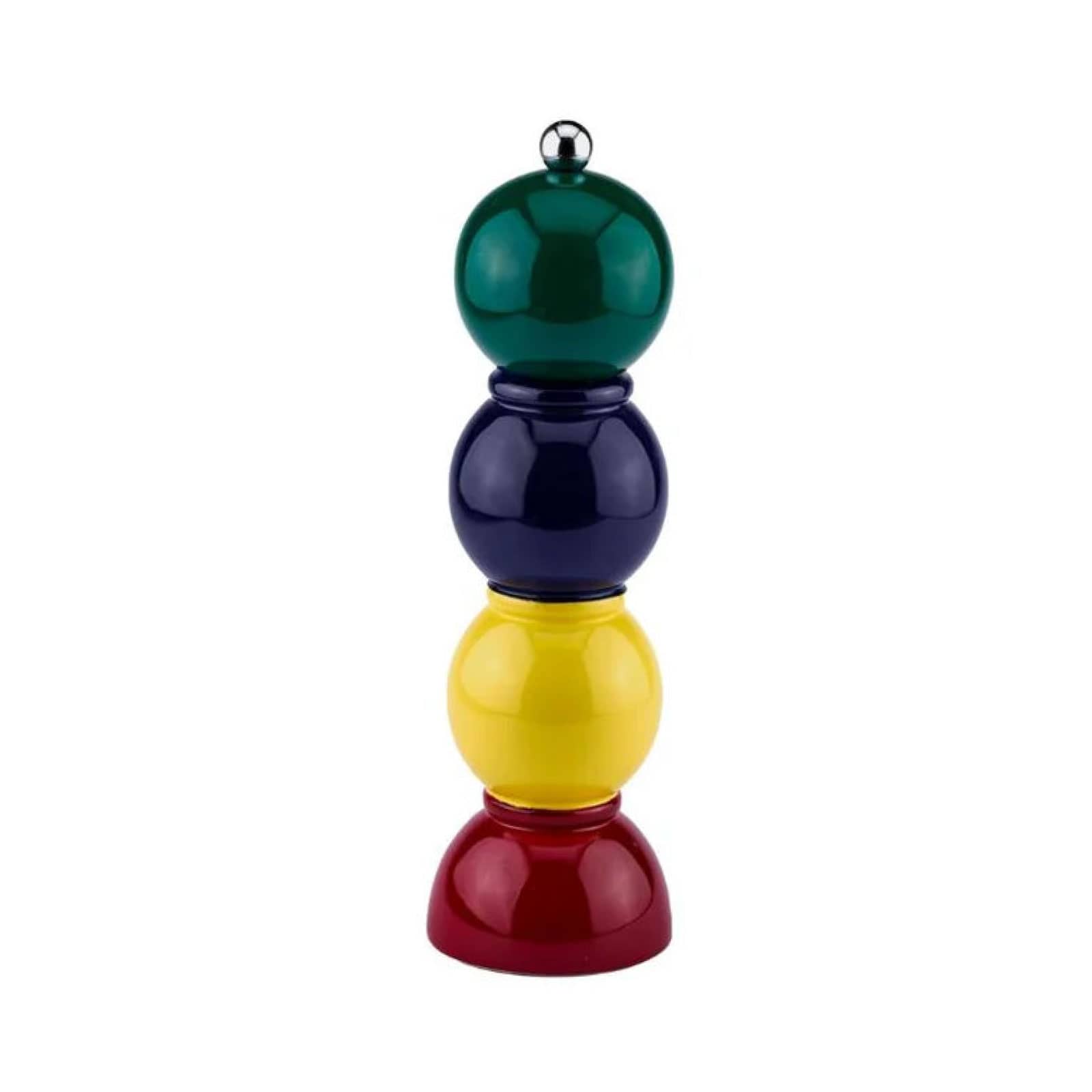 Die Bobbin Salz- und Pfeffermühle 24cm multi racing green von Addison Ross ist geformt aus drei Kugeln und auf einem halbkugelförmigen Fuß. Diese bestehen aus lackiertem Holz. Obendrauf befindet sich ein kugelförmiger Edelstahlknopf.