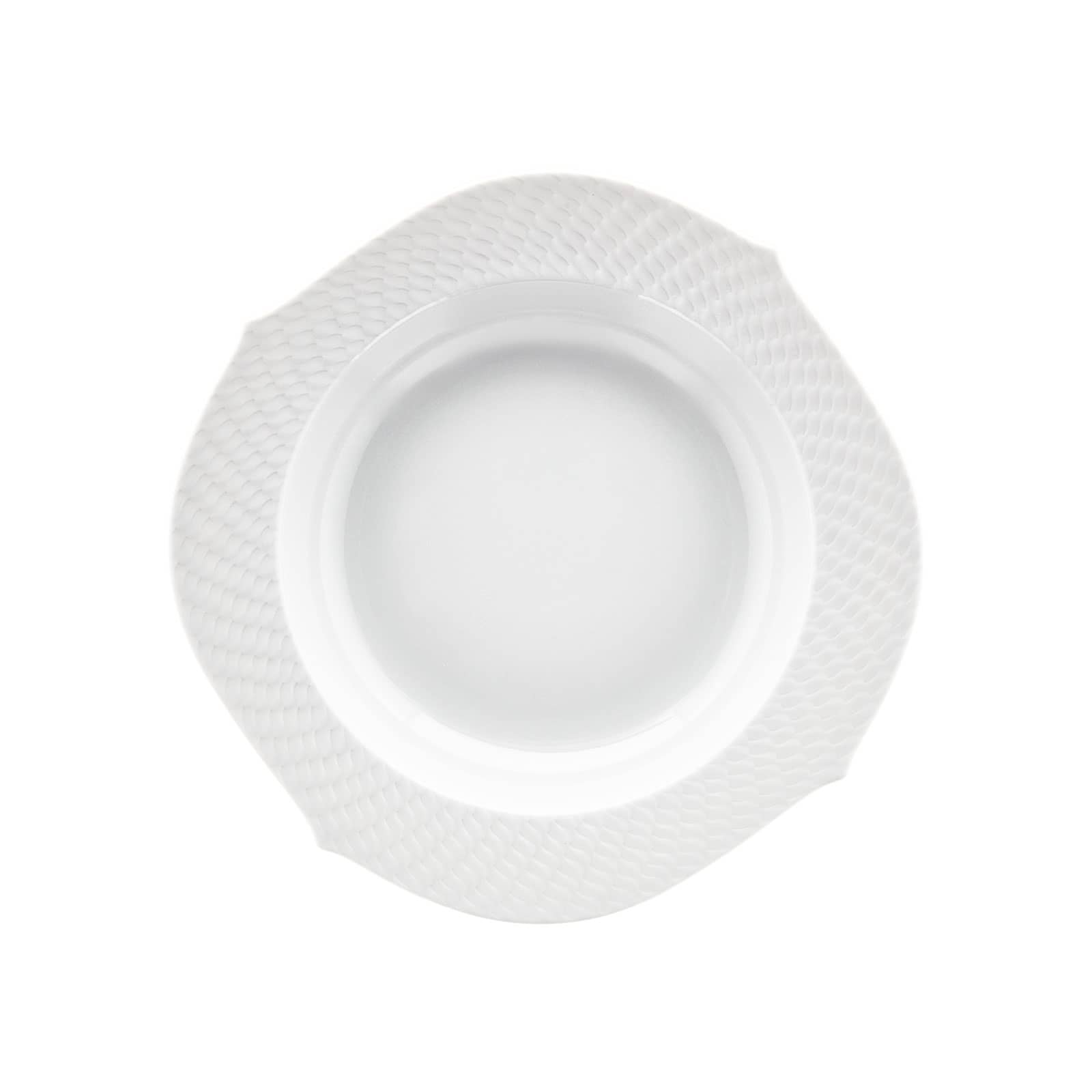 Der Wellenspiel Relief Suppenteller von Meissen hat eine strukturierte Fahne und einen wellenartig geschwungenen Rand.