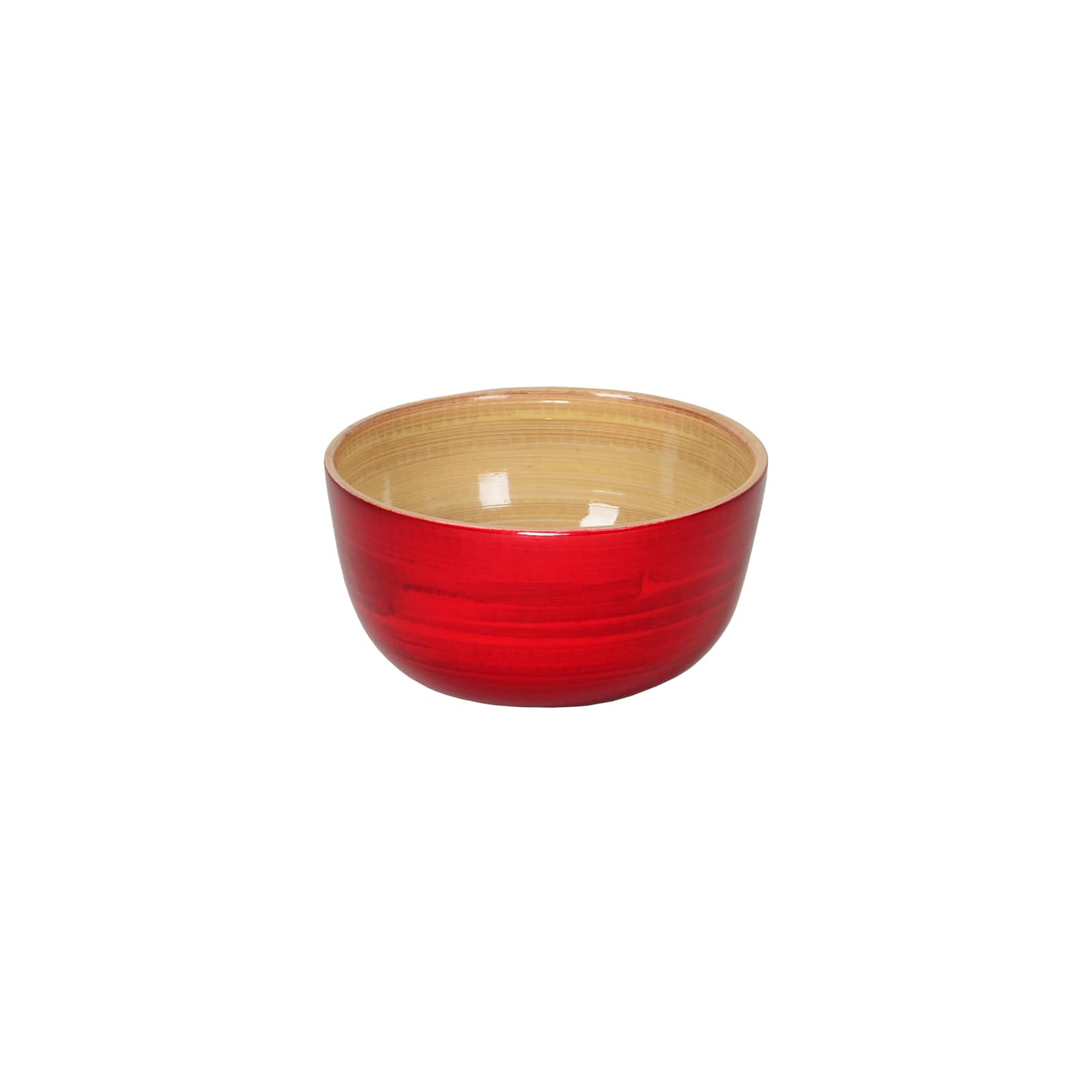 Die glänzend lackierte Bambus-Schüssel 10cm rot ist außen rot und zeigt innen das schöne Holz.