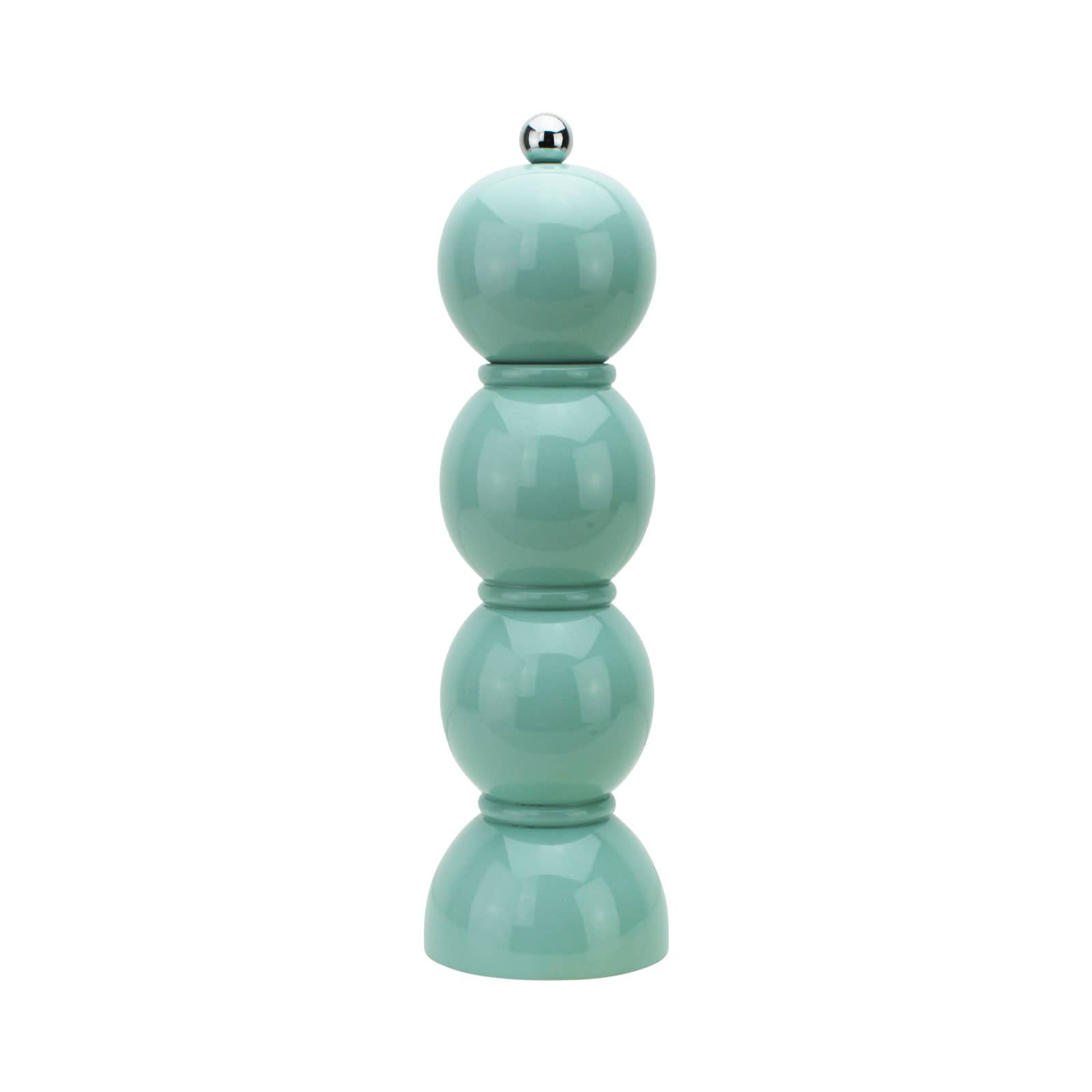 Die Bobbin Salz- und Pfeffermühle 24cm eau de nil von Addison Ross ist geformt aus drei Kugeln und auf einem halbkugelförmigen Fuß. Diese bestehen aus lackiertem Holz. Obendrauf befindet sich ein kugelförmiger Edelstahlknopf.
