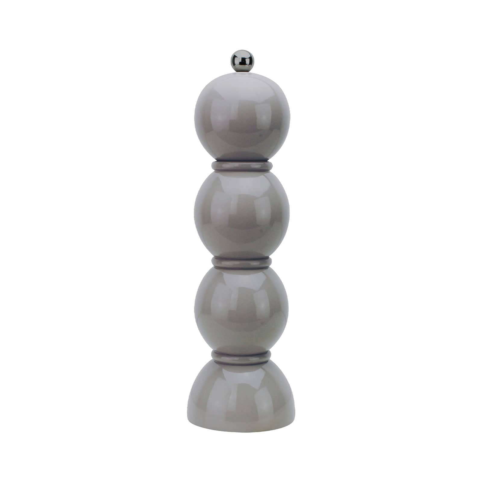 Die Bobbin Salz- und Pfeffermühle 24cm grau von Addison Ross ist geformt aus drei Kugeln und auf einem halbkugelförmigen Fuß. Diese bestehen aus lackiertem Holz. Obendrauf befindet sich ein kugelförmiger Edelstahlknopf.