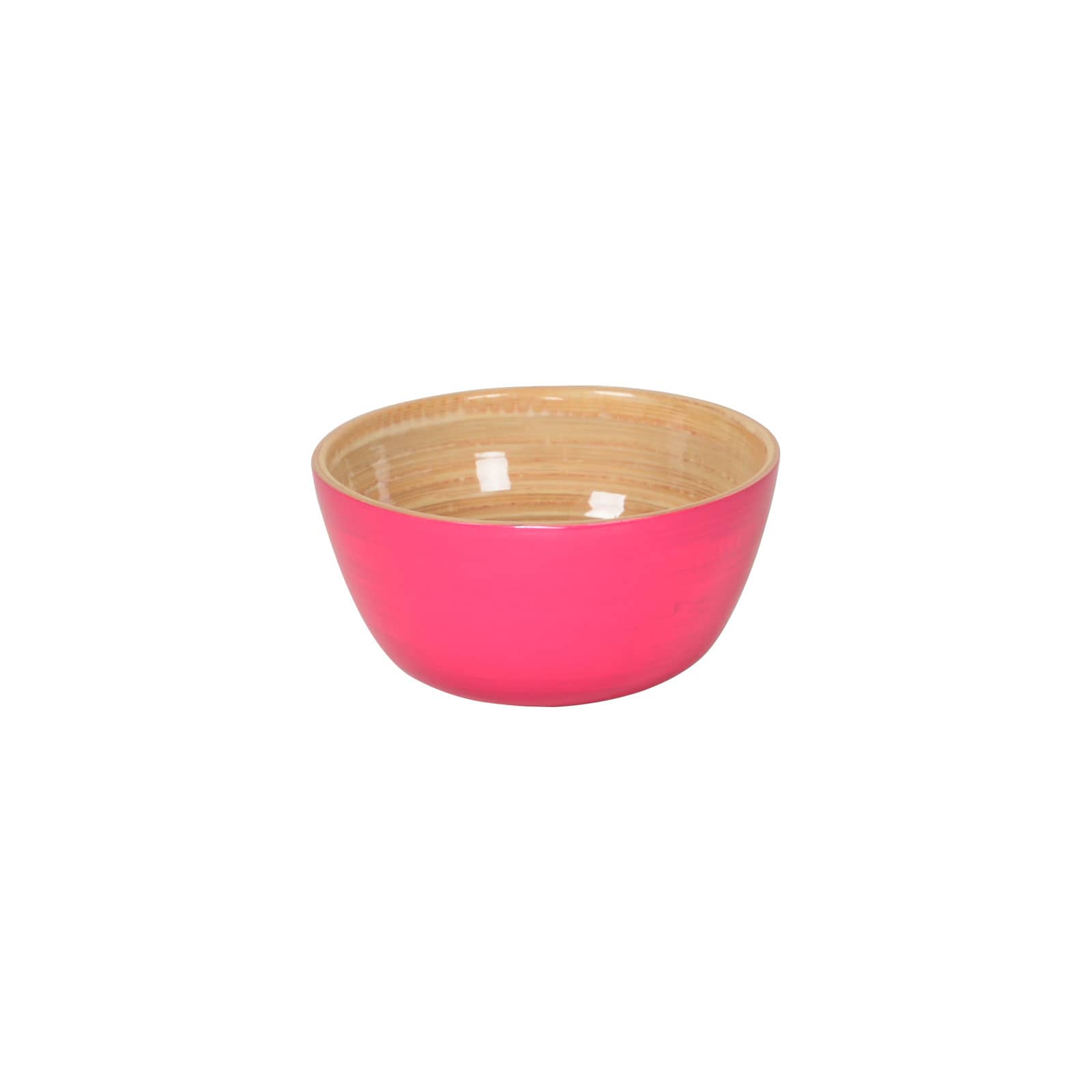 Die glänzend lackierte Bambus-Schüssel 10cm fuchsia ist außen pink und zeigt innen das schöne Holz.