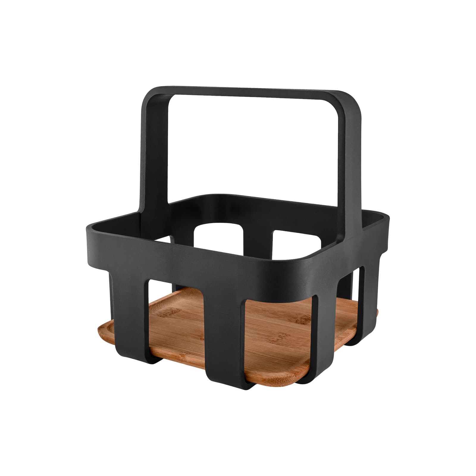 Der Nordic kitchen Table Caddy ist ein Korb mit mattschwarzem Kunststoffrahmen und Henkel und einer quadratischen Bodenplatte aus Bambus.