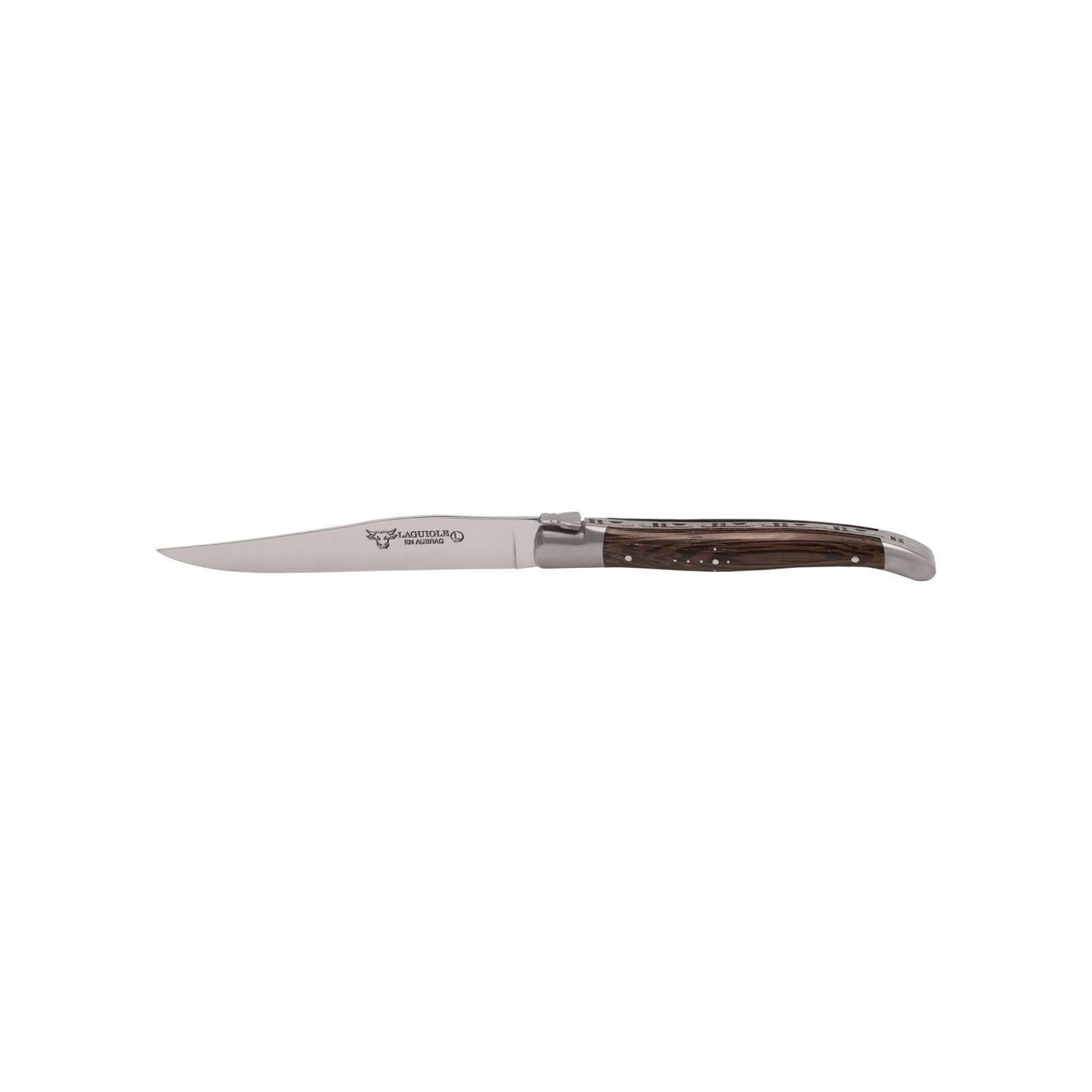 Das Steakmesser Wenge von Laguiole en Aubrac besteht aus glänzendem Edelstahl und hat Griffschalen aus dunkelbraunem Holz.