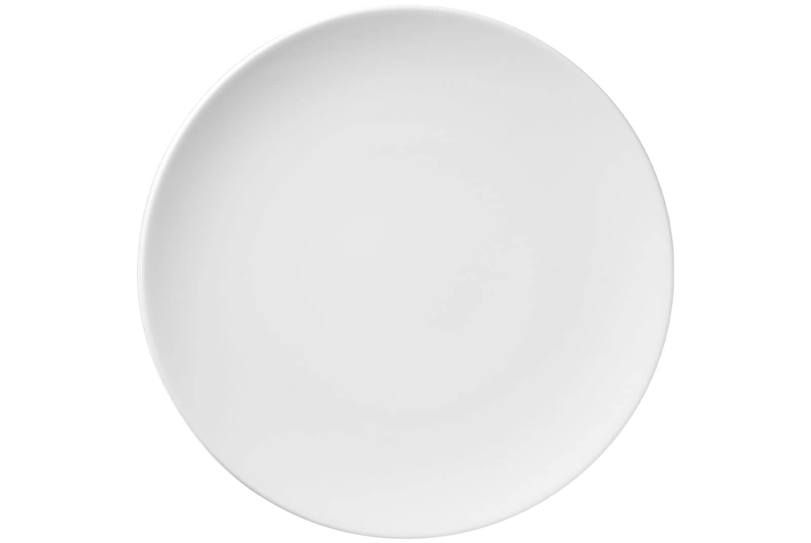 Der Base Platzteller Coupe 32cm von Dibbern ist ein schnörkelloser großer Teller aus weißem Porzellan.