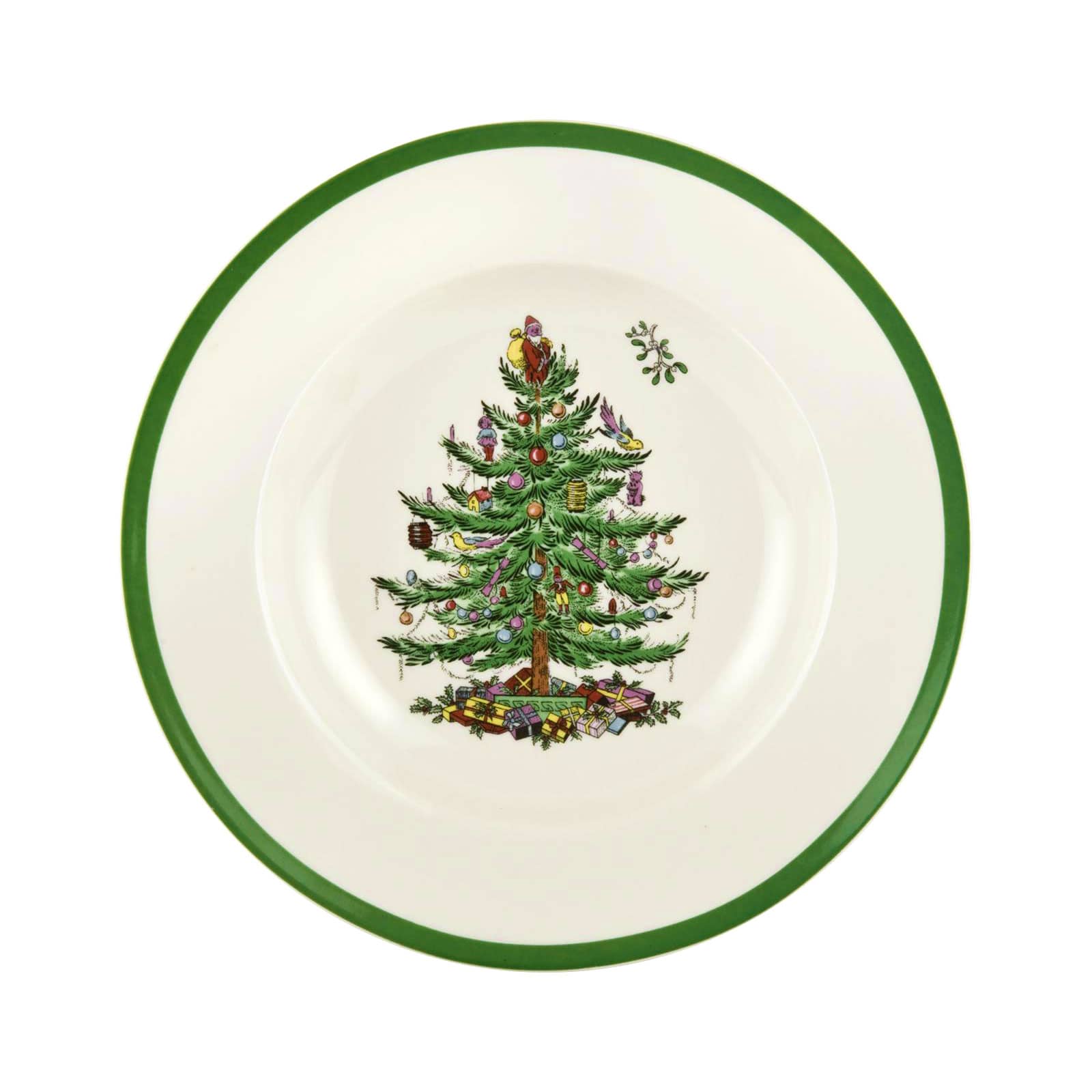 Der Christmas Tree Suppenteller von Spode besteht aus cremefarbenem Porzellan. Er hat einen mittelgrünen Rand und das Motiv eines geschmückten Weihnachtsbaumes in der Mitte.