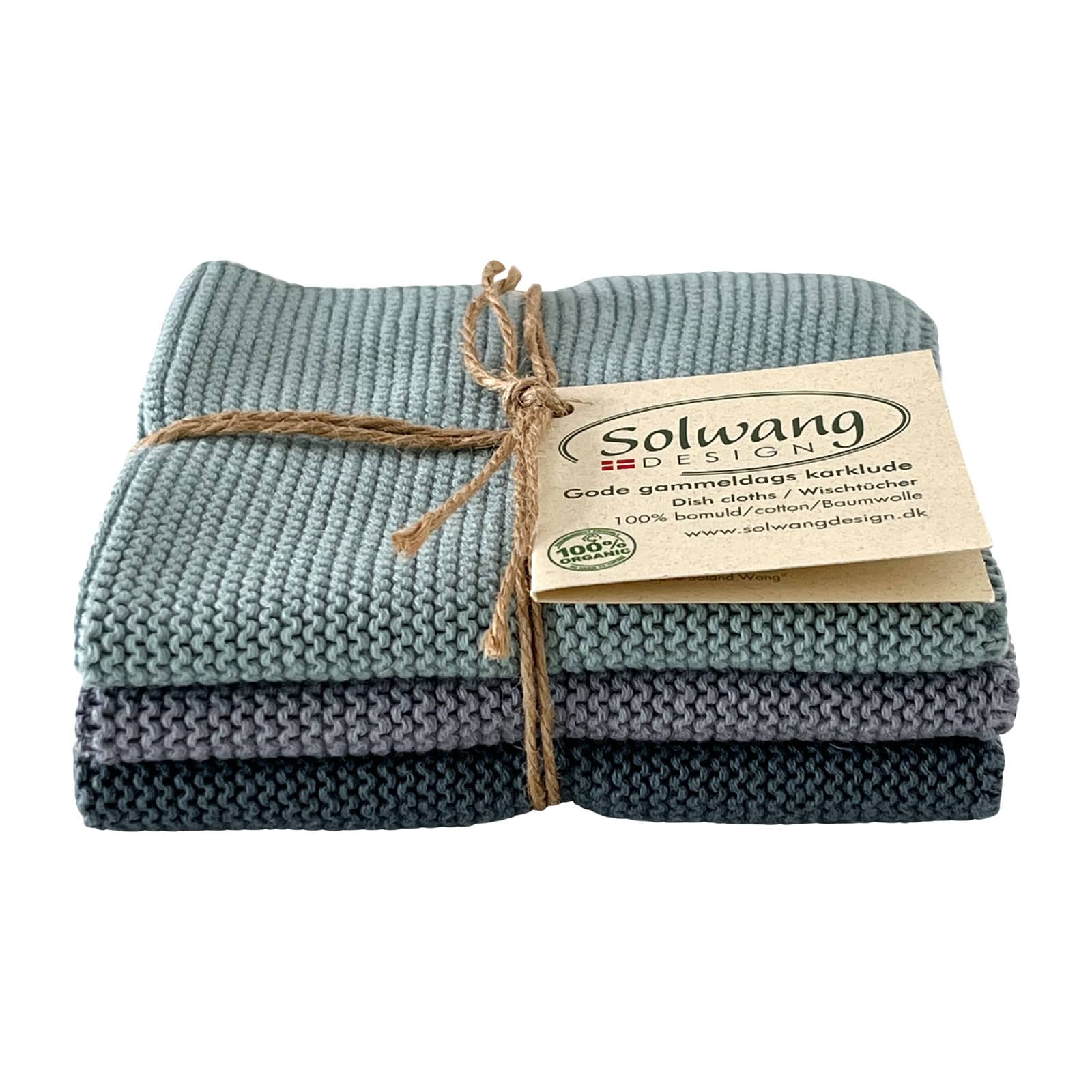 Das Solwang Wischtücher Set in nordic mist besteht aus drei gestrickten Waschlappen in verschiedenen Türkistönen.