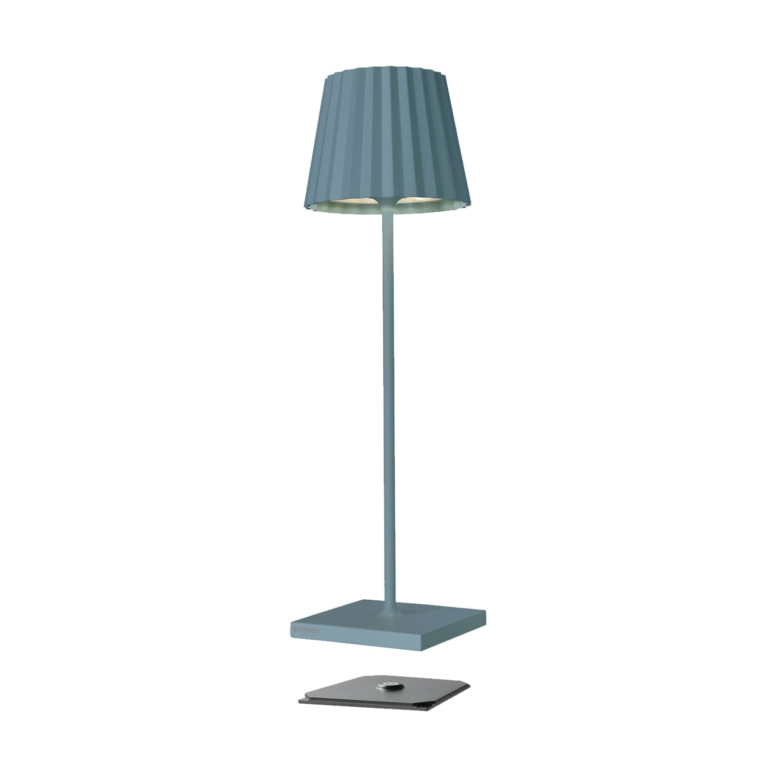 Moderne blaue Akku Tischleuchte mit Plissee-Schirm von Sompex für stilvolle Indoor- und Outdoor-Beleuchtung.