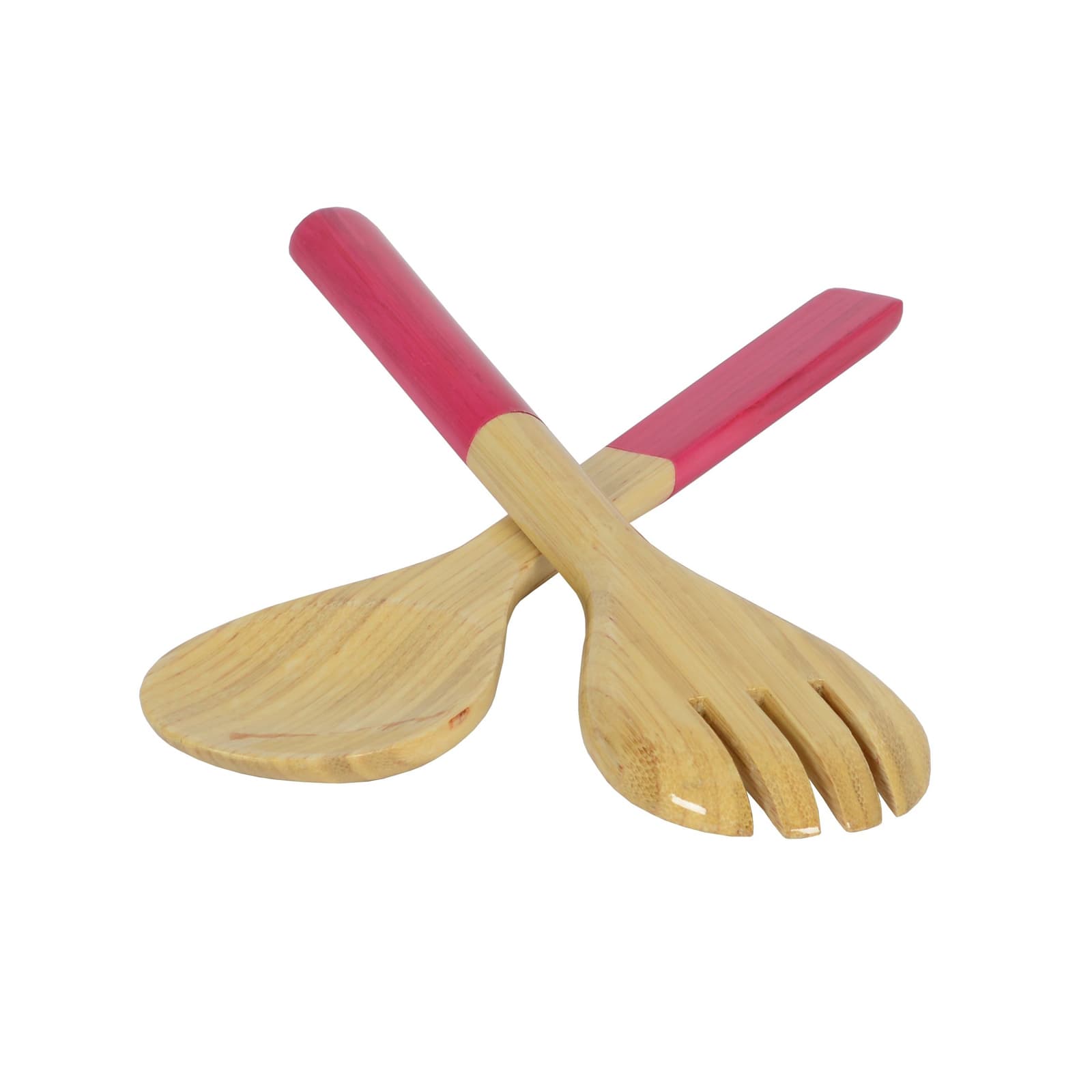 Das Salatbesteck Bambus 2 tlg. fuchsia besteht vollständig aus Bambus mit pink lackierten Griffen.
